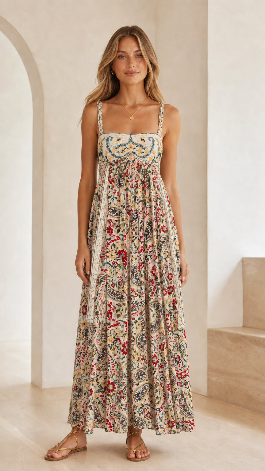 Front view of model wearing cream floral print square neck maxi dress