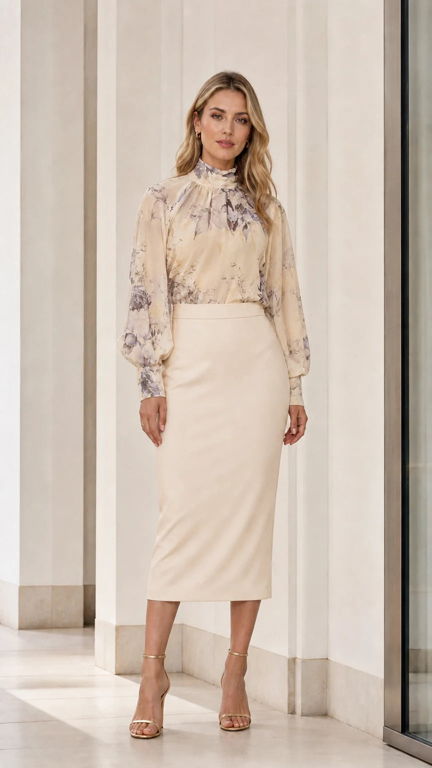 Front view of champagne floral blouse and skirt set