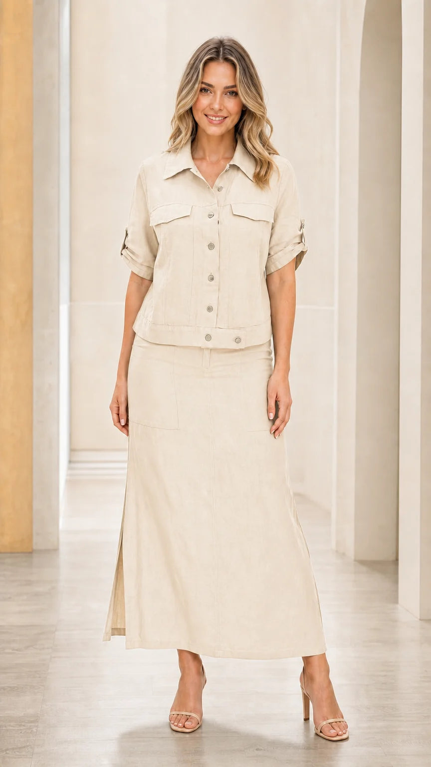 Front view of woman wearing beige two-piece set