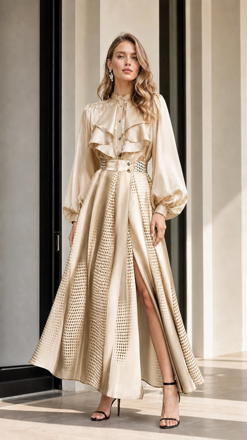 Model wearing champagne gradient maxi skirt and matching blouse