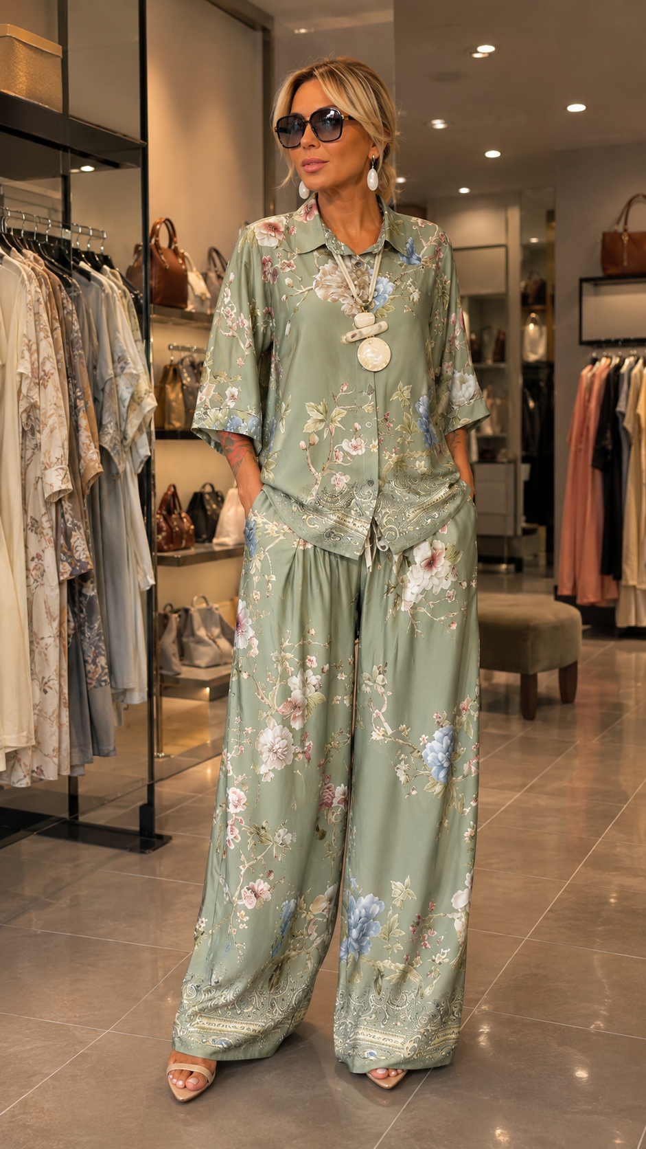 Floral Print Two Piece Set With Button Shirt & Wide Leg