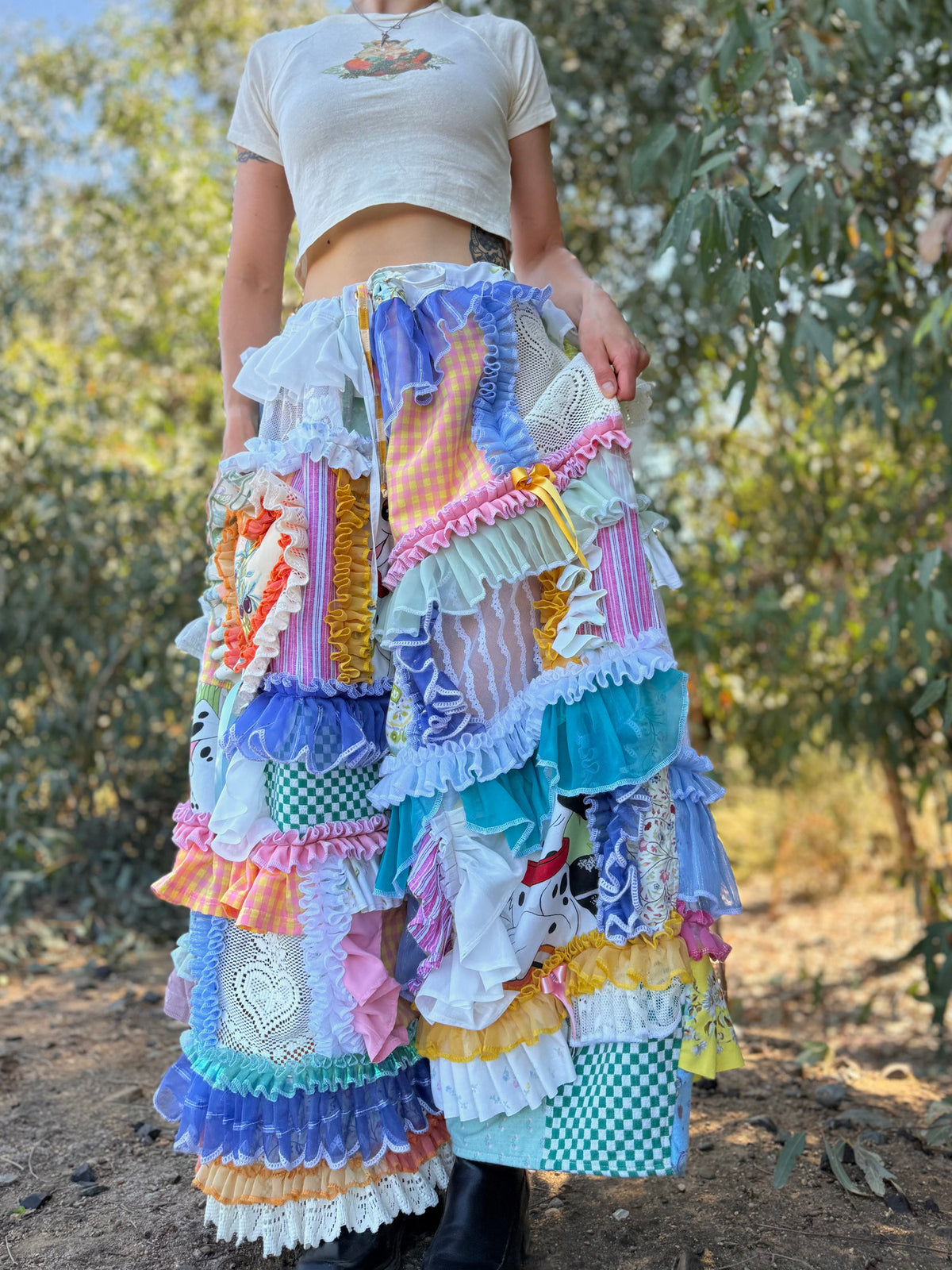 Upcycled Adjustable-Waist Ruffle Pants