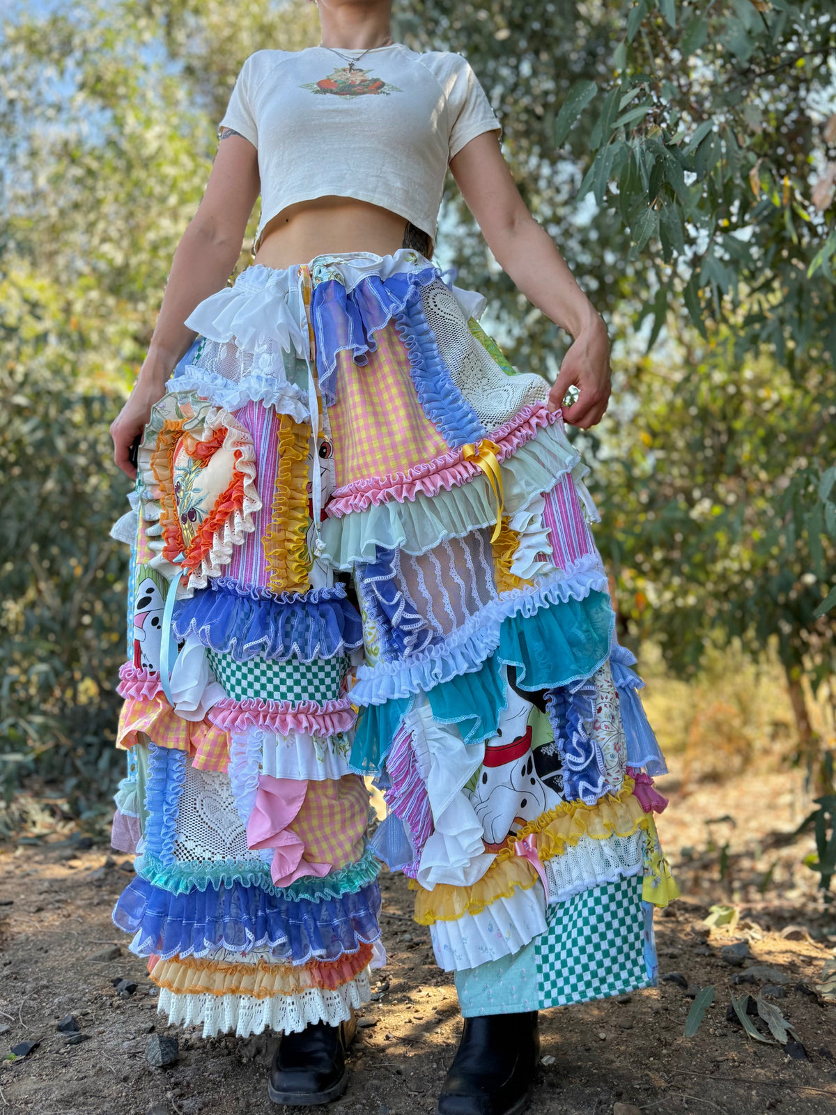 Upcycled Adjustable-Waist Ruffle Pants