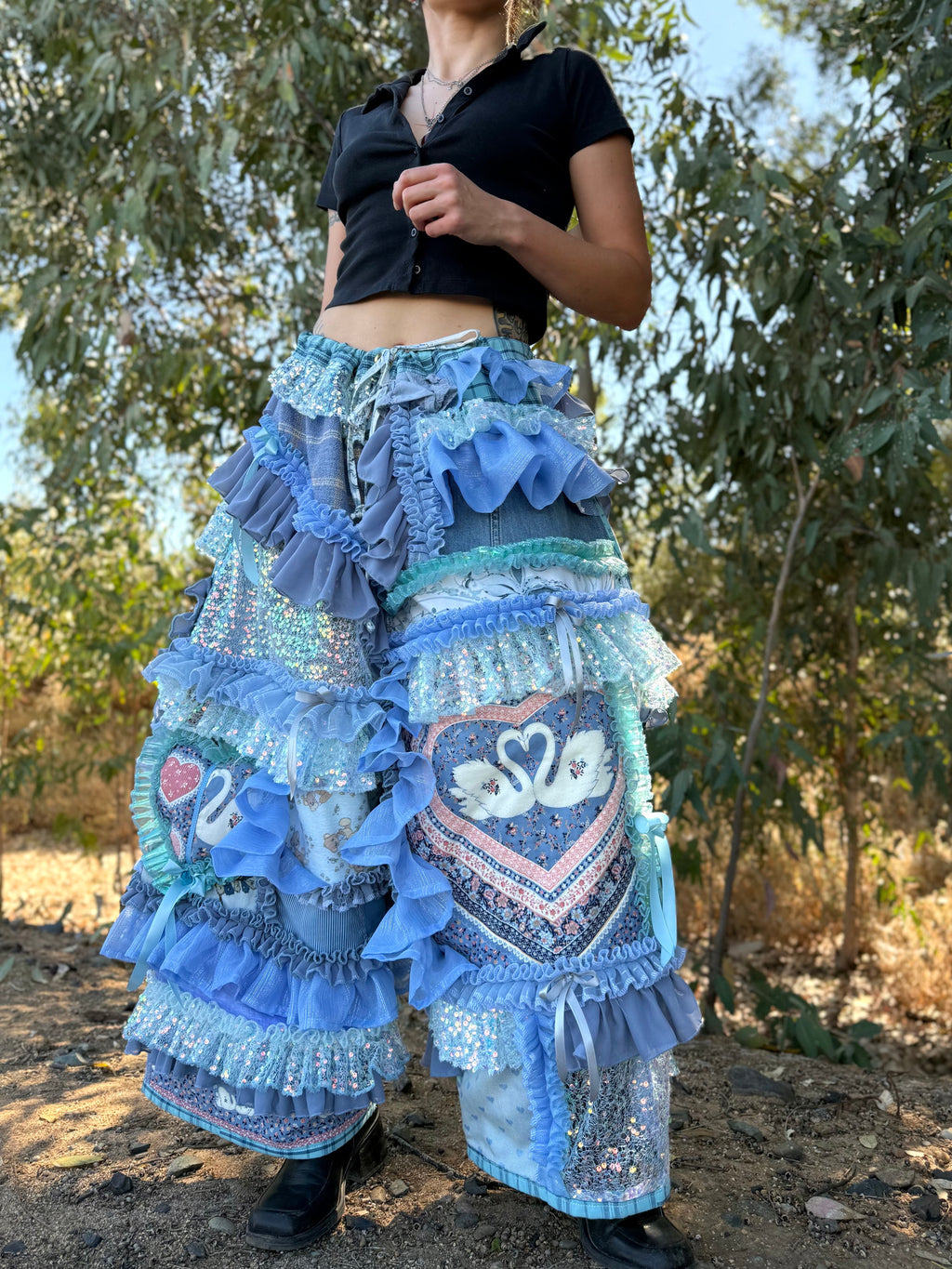 Upcycled Adjustable-Waist Ruffle Pants